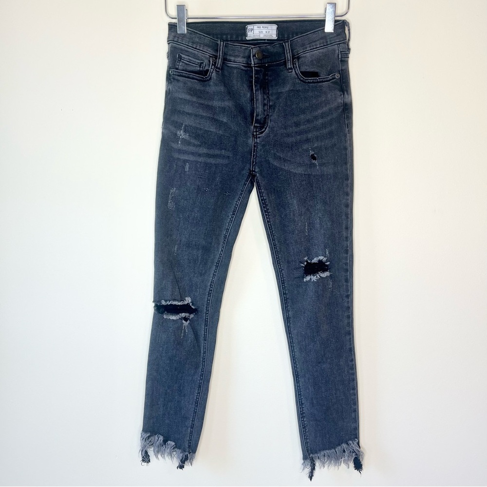 Free People Great Heights Frayed Ripped Distressed Black Raw Hem Jeans Size 27